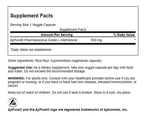 Swanson L-Méthionine Ajinomoto – étiquette lisible, qualité et origine Ajinomoto.