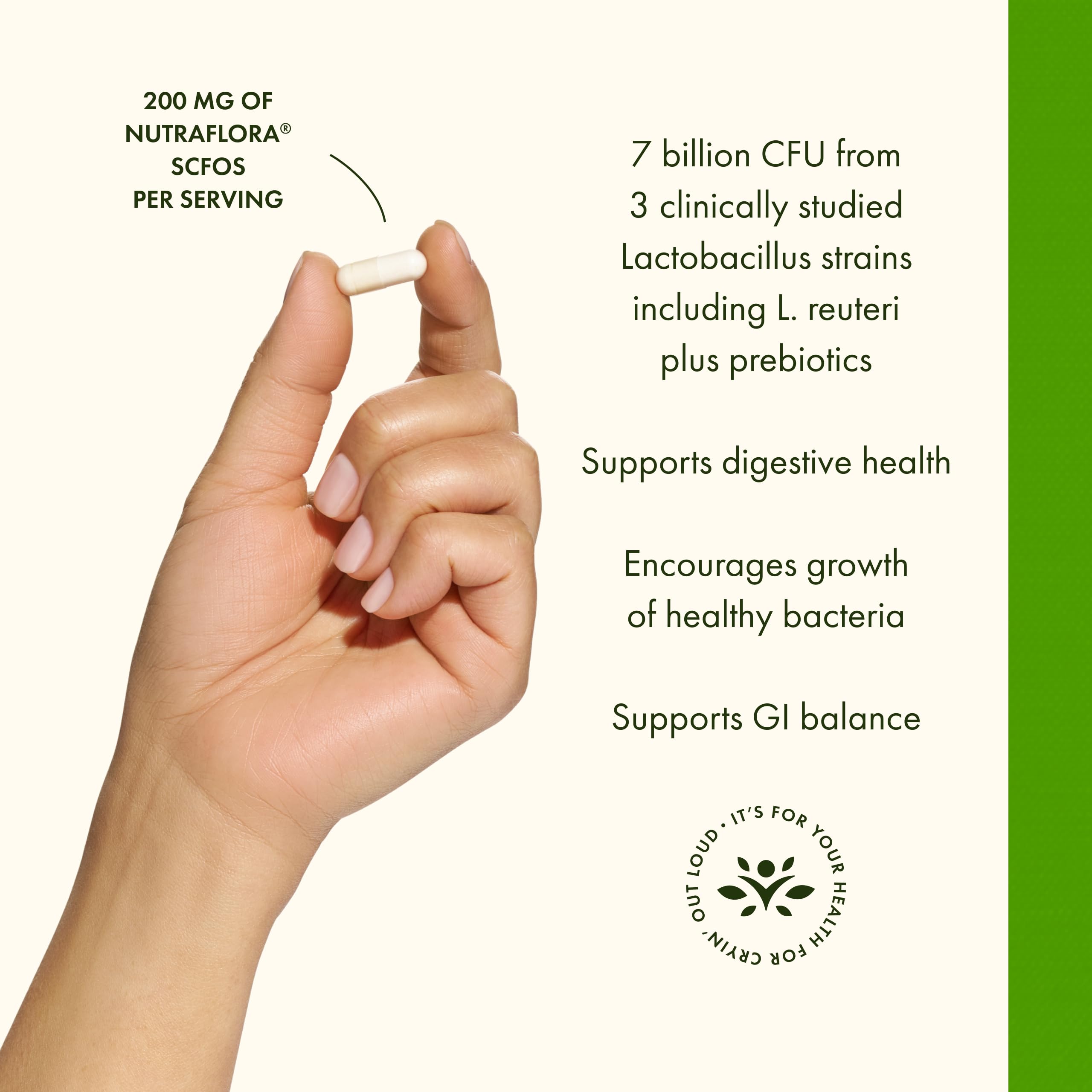 Swanson L. Reuteri Probiotic Plus — bouteille ouverte, démonstration de capsules faciles à prendre.