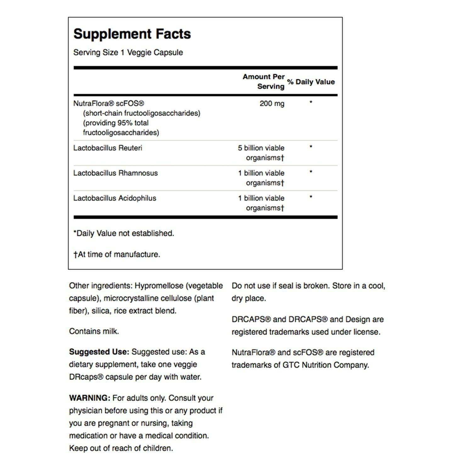 Swanson L. Reuteri Probiotic Plus — aperçu des souches L. Reuteri, L. rhamnosus et L. acidophilus.