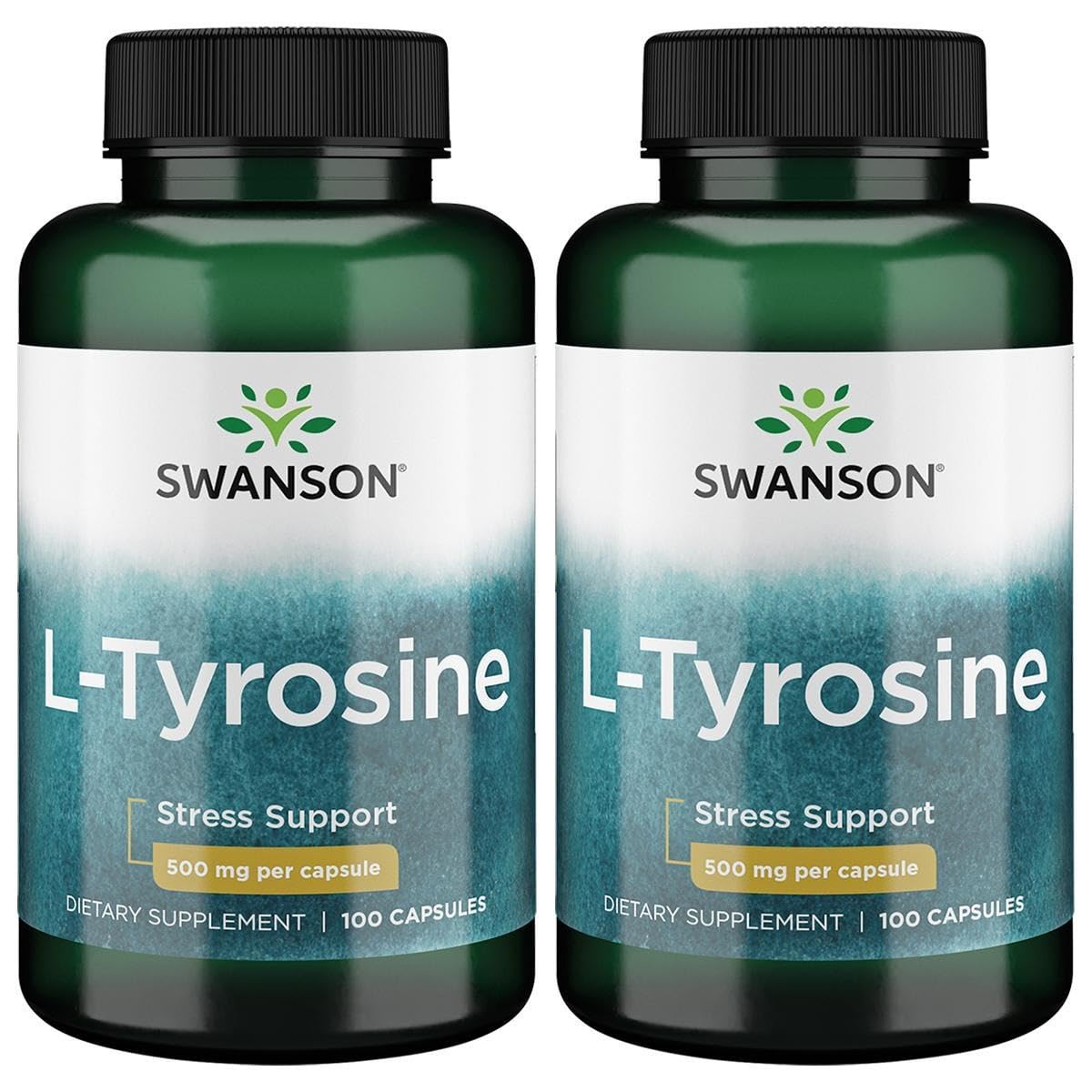 Swanson L-Tyrosine en capsules dans la boîte, soutien potentiel à la concentration et à la clarté.