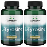 Swanson L-Tyrosine en capsules dans la boîte, soutien potentiel à la concentration et à la clarté.