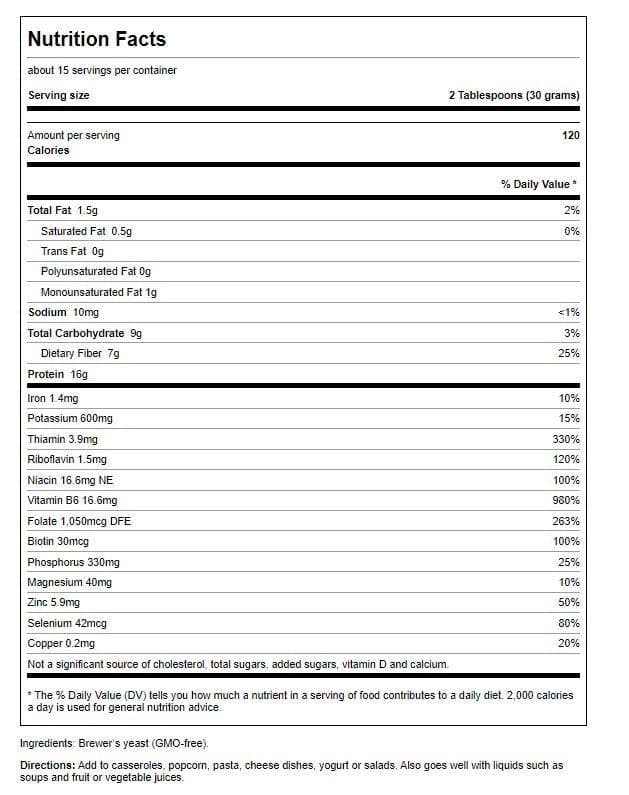 Swanson levure de bière en poudre, étiquette indiquant non-OGM et GMP