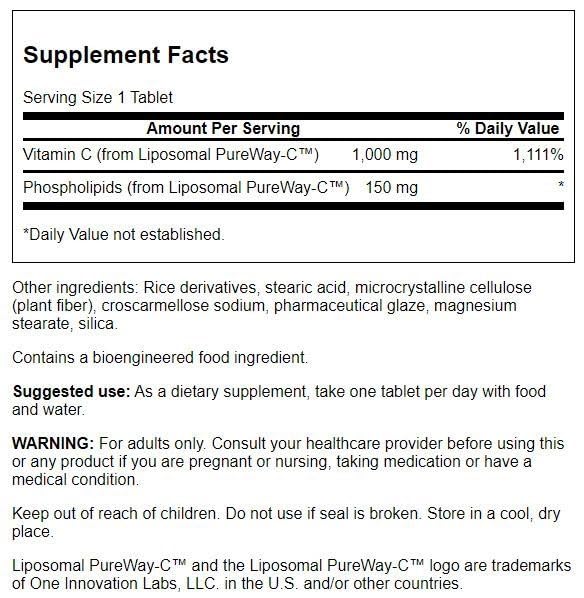 Swanson Liposomal Vitamin C, étiquette du packaging, indique dosage et bénéfices potentiels pour immunité et peau.