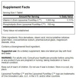 Swanson Liposomal Vitamin C, étiquette du packaging, indique dosage et bénéfices potentiels pour immunité et peau.