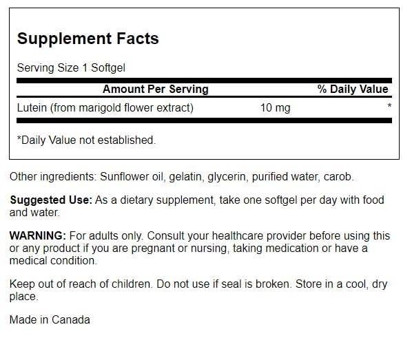 Swanson Lutein 10 mg, boîte de gélules molles, soutien de la macula et de la vision.