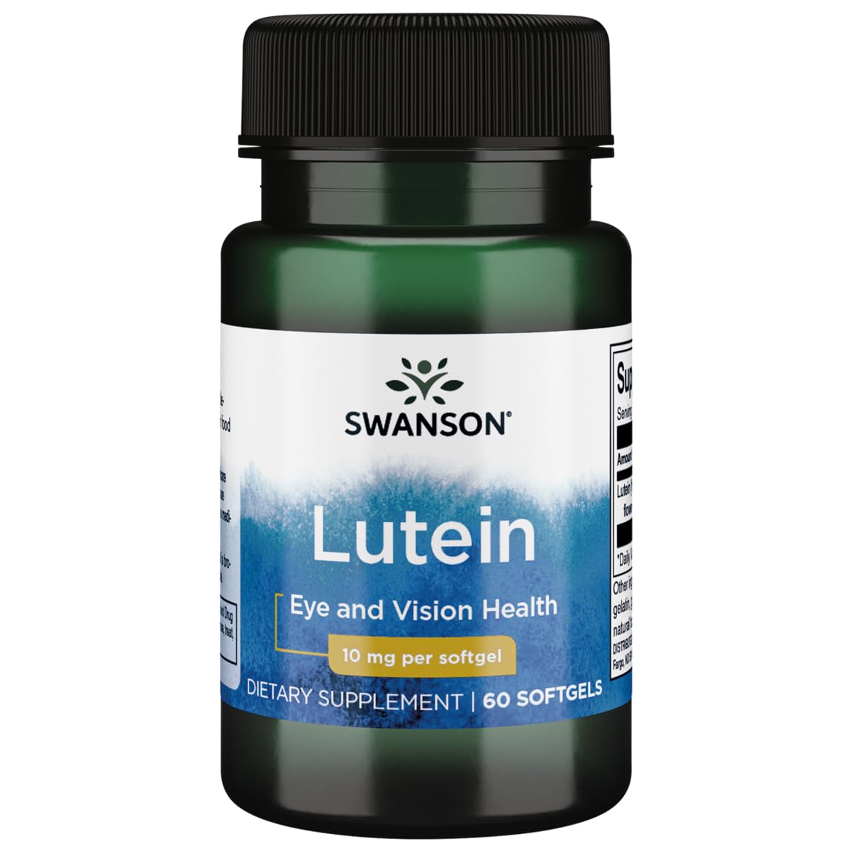 Swanson Lutein 10 mg, flacon de gélules molles pour la santé visuelle.