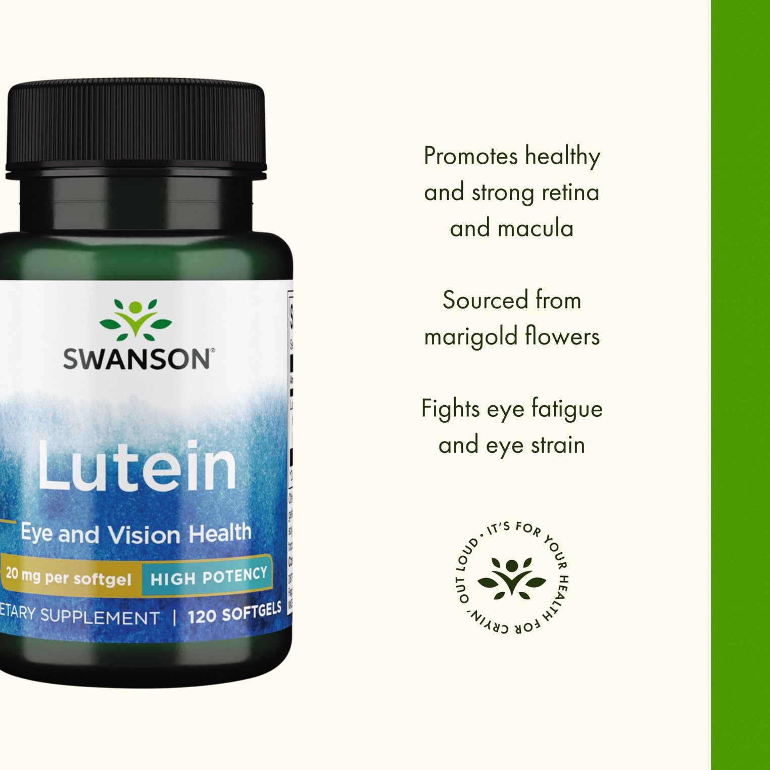 Swanson Lutein 20 mg – emballage reflète qualité et origine des ingrédients.