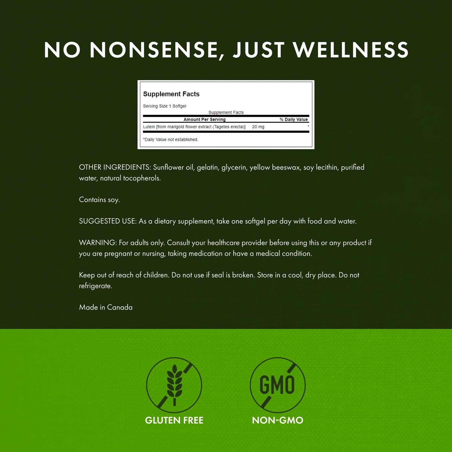 Swanson Lutein 20 mg – étiquette détaille la source fleurs de souci, naturelle.