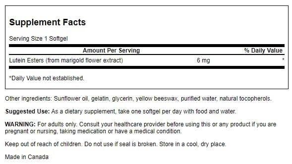 Swanson Lutein 6 mg, emballage et étiquette pour soutenir la santé visuelle au quotidien.