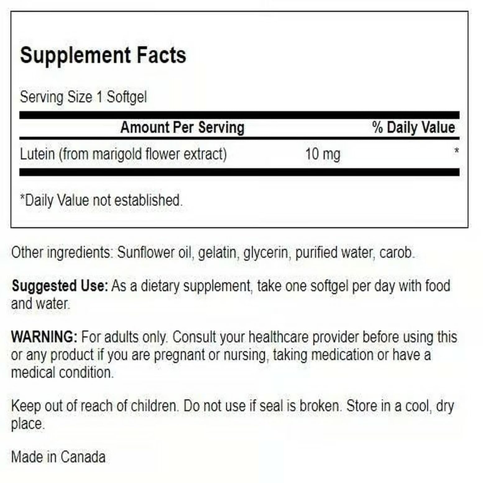 Swanson Lutéine 10 mg – bouteille fermée, capsules faciles à intégrer dans la routine