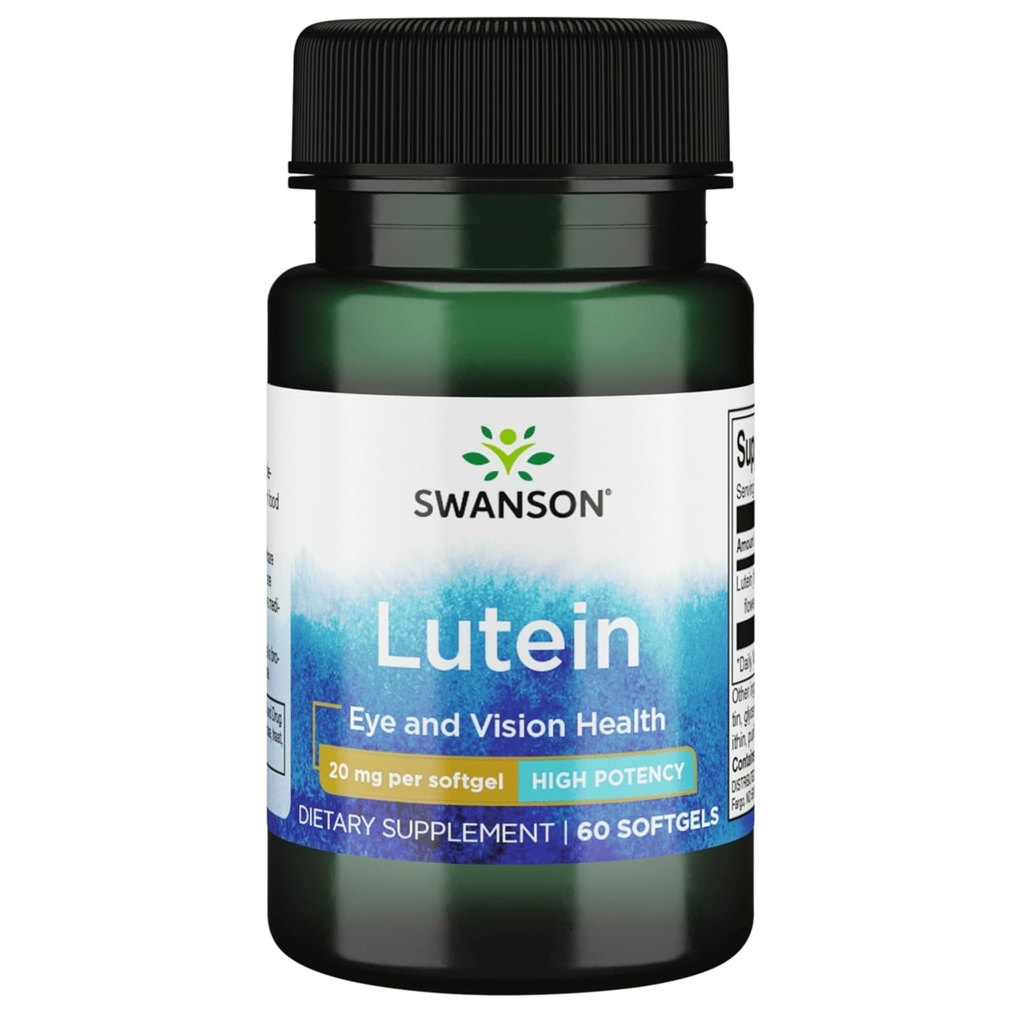 Swanson lutéine 2 mg gélules : bouteille et étiquette – soutien potentiel à la vision saine.