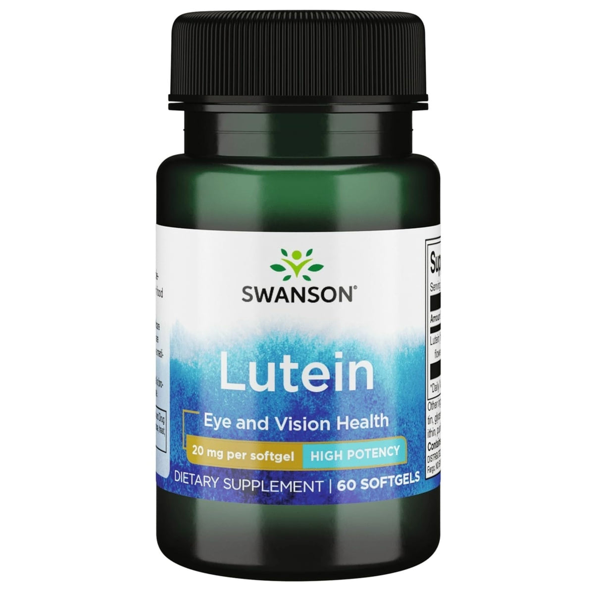 Swanson lutéine 2 mg gélules : bouteille et étiquette – soutien potentiel à la vision saine.