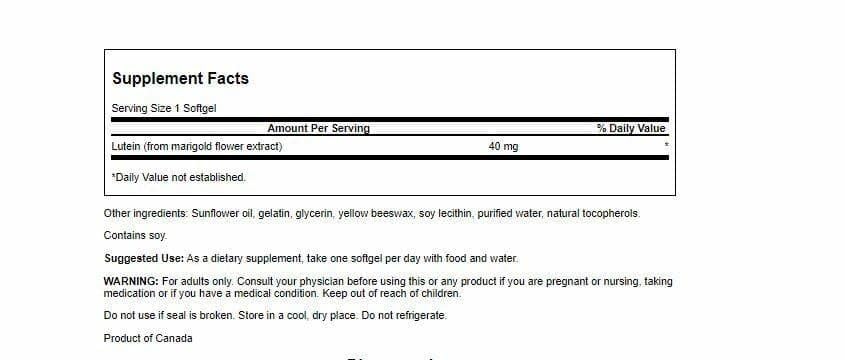Étiquette Swanson lutéine montrant le format et l’emballage du produit.