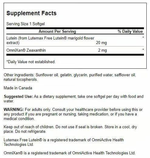 Swanson lutéine-zéaxanthine, emballage clair avec informations essentielles