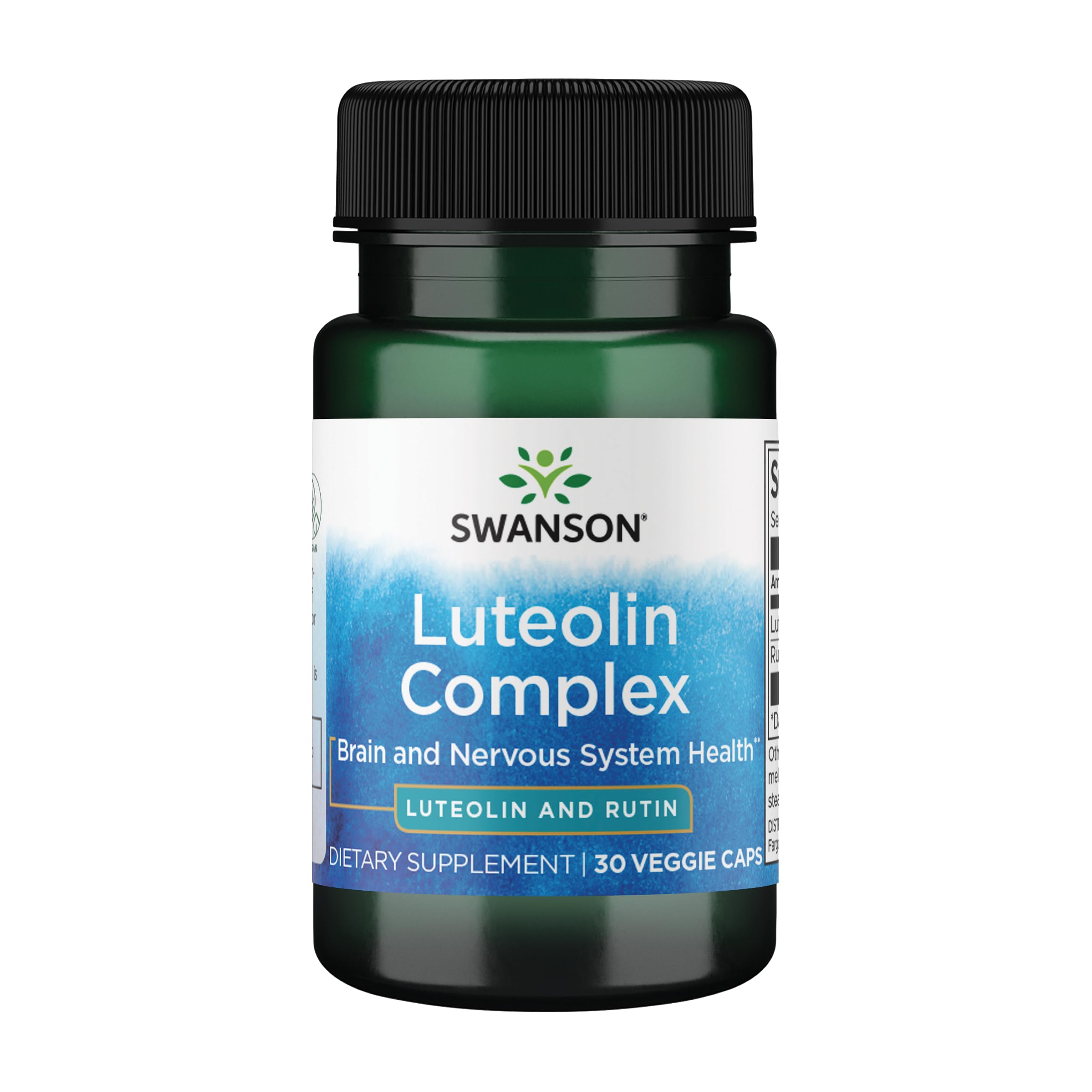 Swanson Luteolin Complexe, bouteille, soutient la concentration et le bien-être mental.