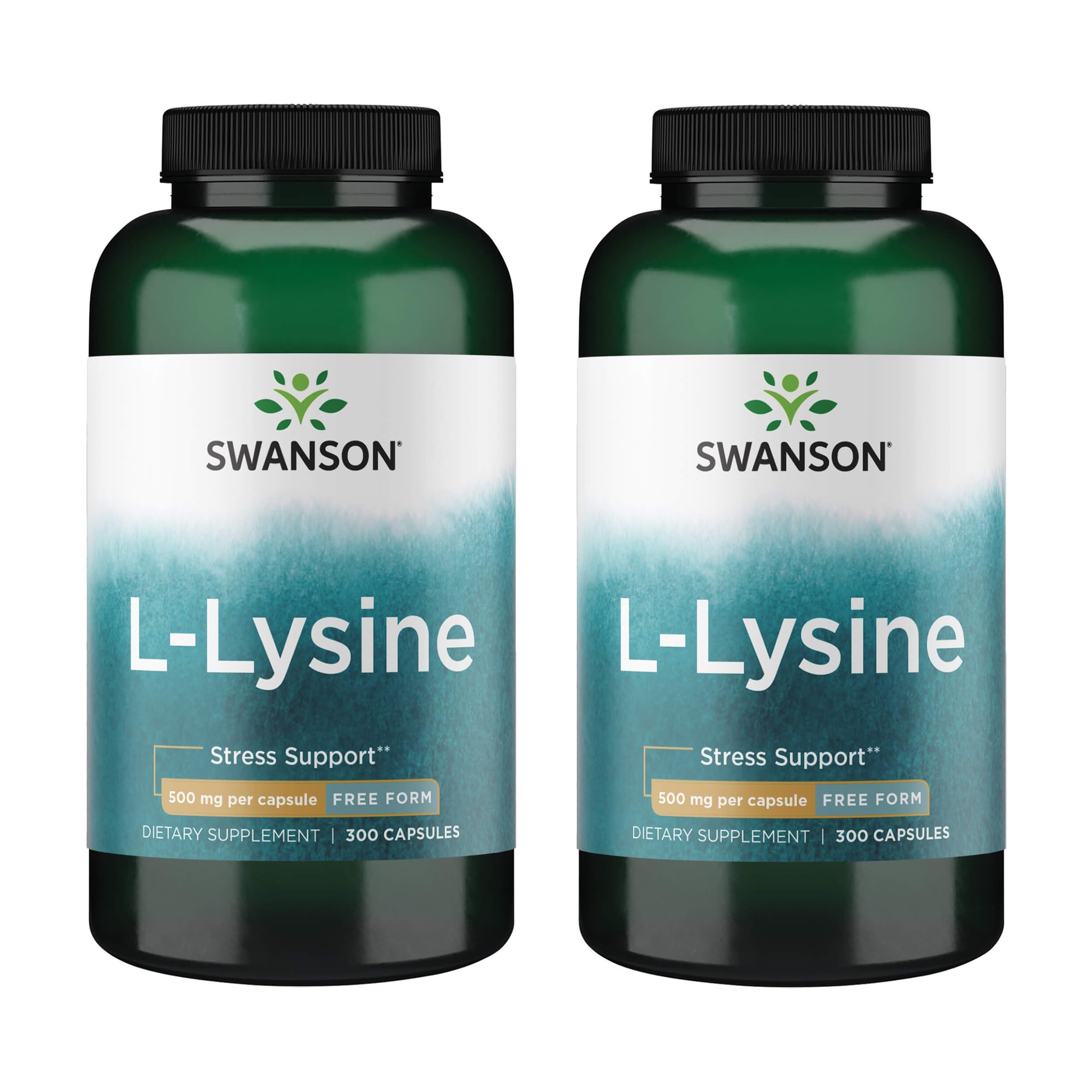 Capsules Swanson L-Lysine 500 mg, bouteille montrée, soutien quotidien potentiel et calme.