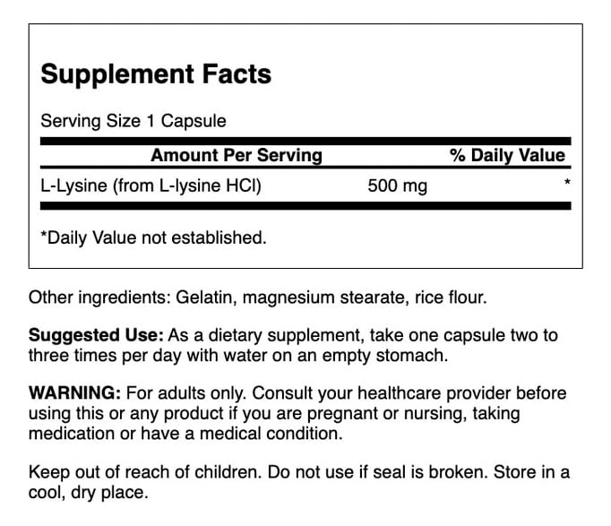 Capsules Swanson L-Lysine libre‑forme, faciles à avaler pour une utilisation quotidienne
