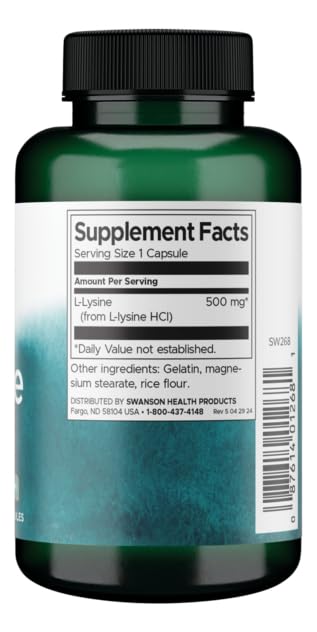Étiquette Swanson L-Lysine libre‑form, garantie qualité et pureté