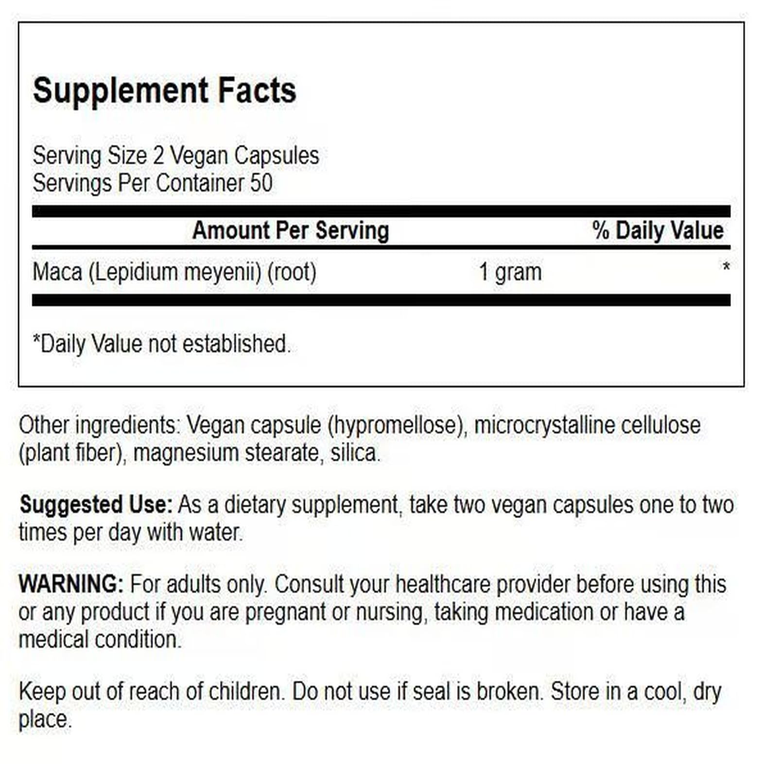 Swanson Maca 500 mg, bouteille de capsules, énergie durable possible.