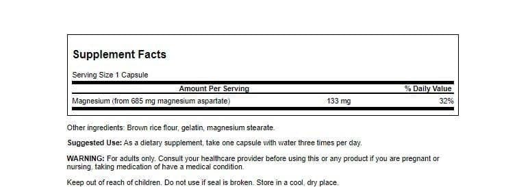 Swanson Magnesium Aspartate 685 mg, emballage et étiquette assurant traçabilité et qualité.