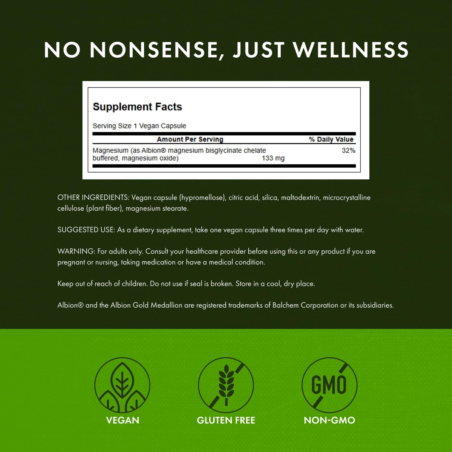 Swanson Magnésium Chelaté – étiquette nutritionnelle clairement affichée