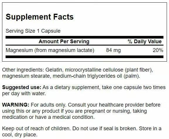 Swanson Magnésium Lactate — bouteille: format pratique et dosage quotidien.