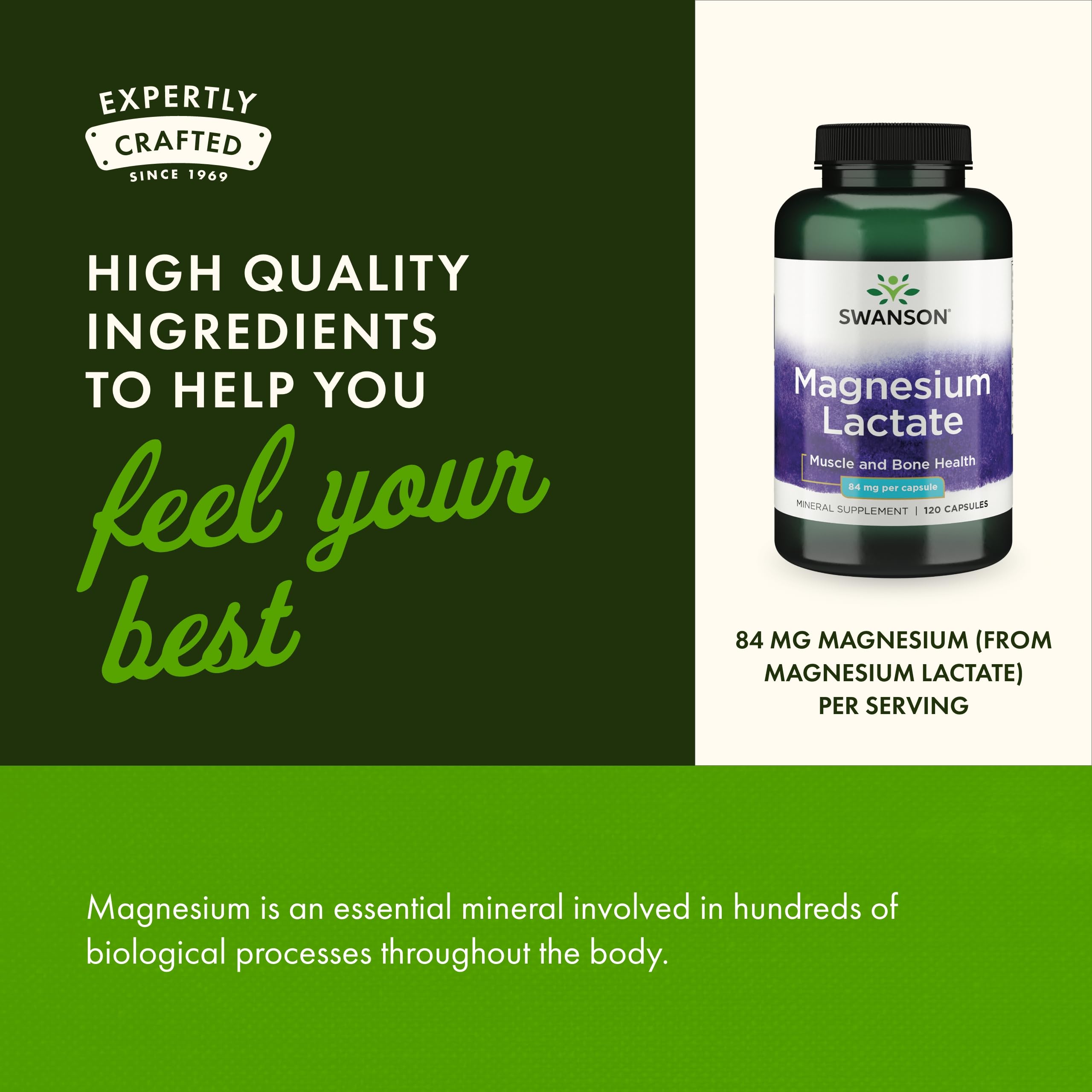 Swanson Magnésium Lactate — sans lactose, mieux toléré après les repas.