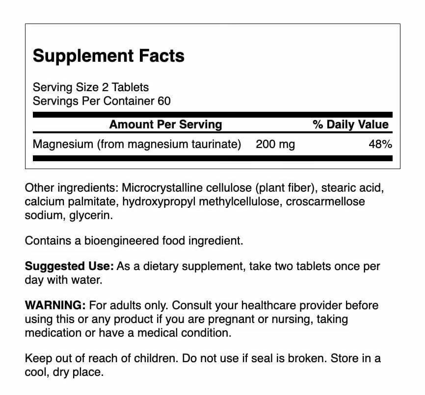 Swanson Magnésium Taurate: dose quotidienne, 200 mg de magnésium par portion.