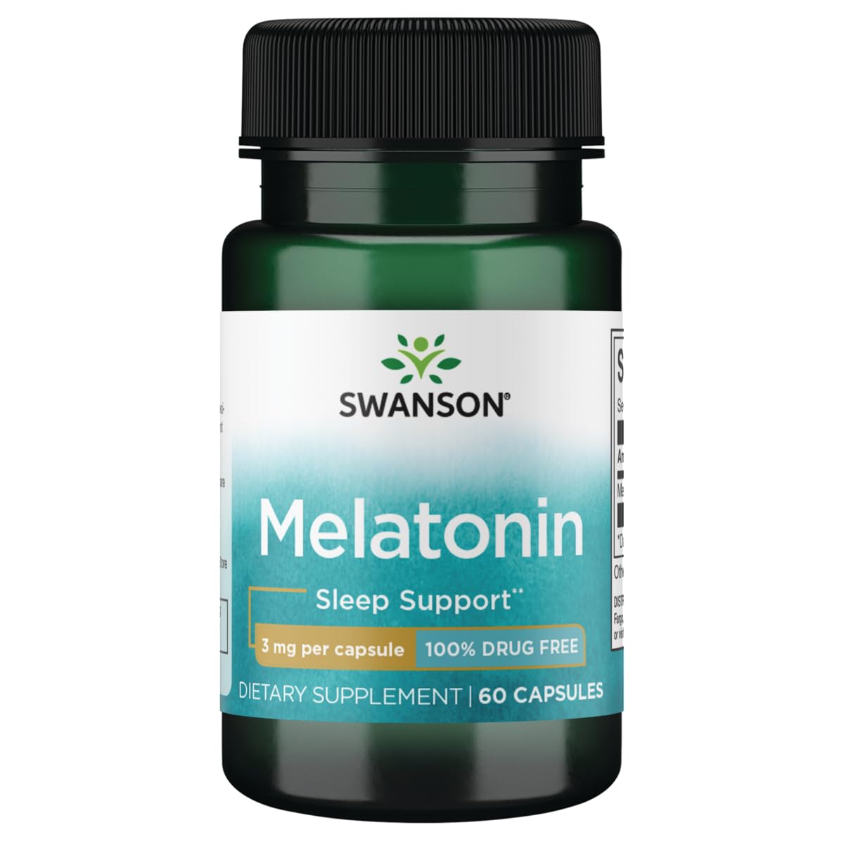 Swanson Mélatonine 3 mg – bouteille montrant le conditionnement, soutien potentiel au sommeil.