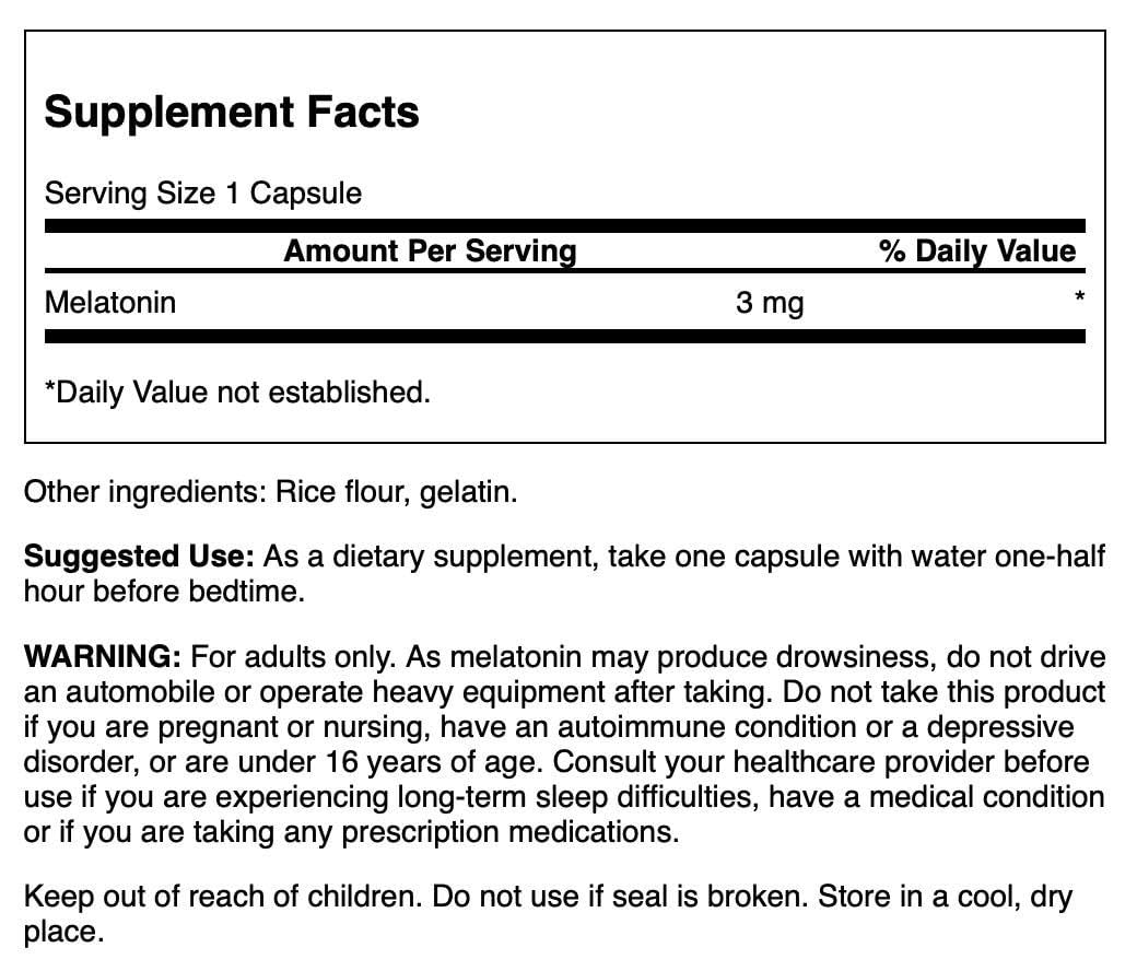 Swanson Mélatonine 3 mg – capsules faciles à prendre pour favoriser l’endormissement en douceur.