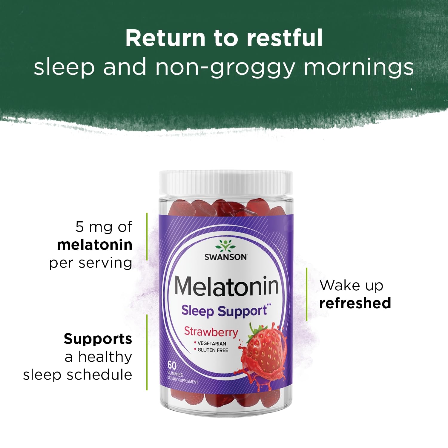 Gommes douces Swanson mélatonine, arôme fraise, rituel nocturne apaisant.
