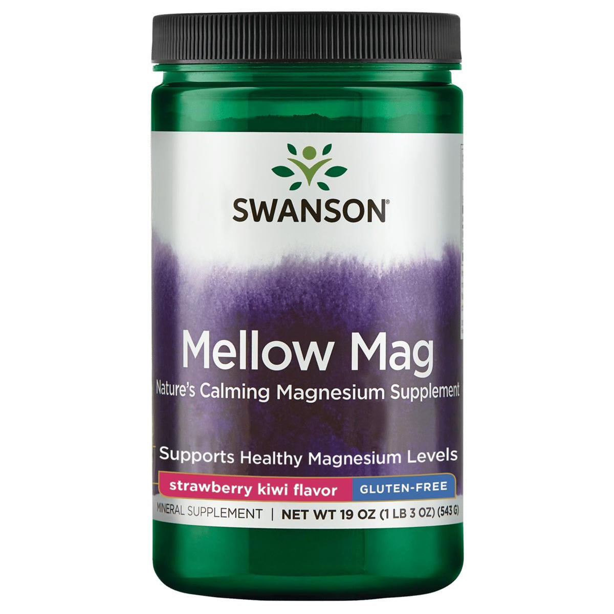 Swanson Mellow Mag poudre fraise kiwi, saveur agréable pour une routine bien-être quotidienne.