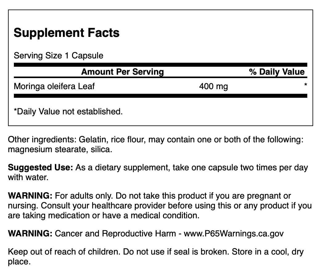 Swanson Moringa Oleifera feuilles et gelules visibles, usage quotidien potentiel