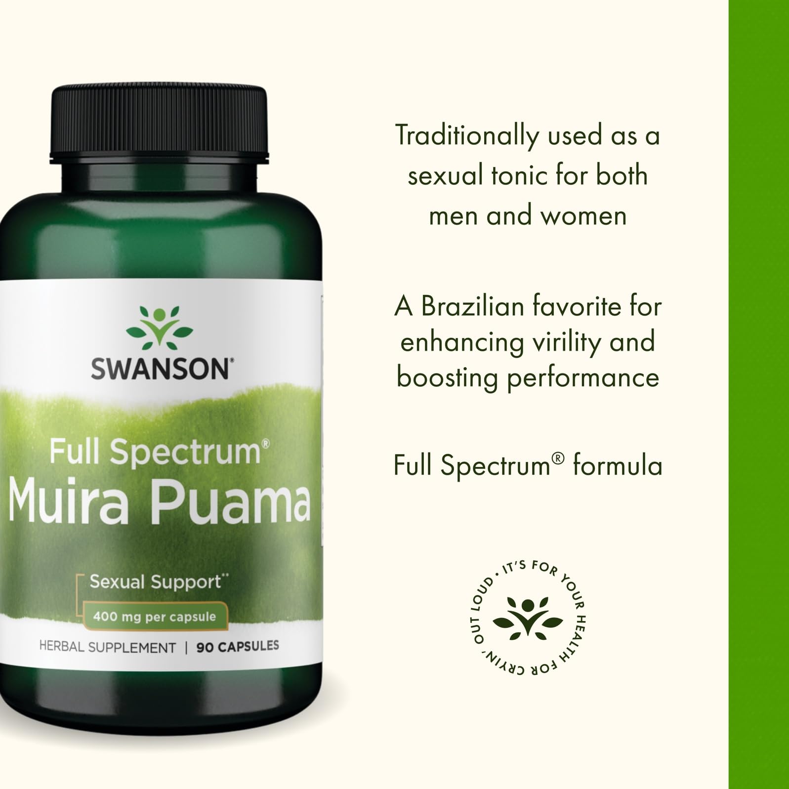 Swanson Muira Puama – Étiquette du produit, démontrant composition et origine pour la traçabilité.