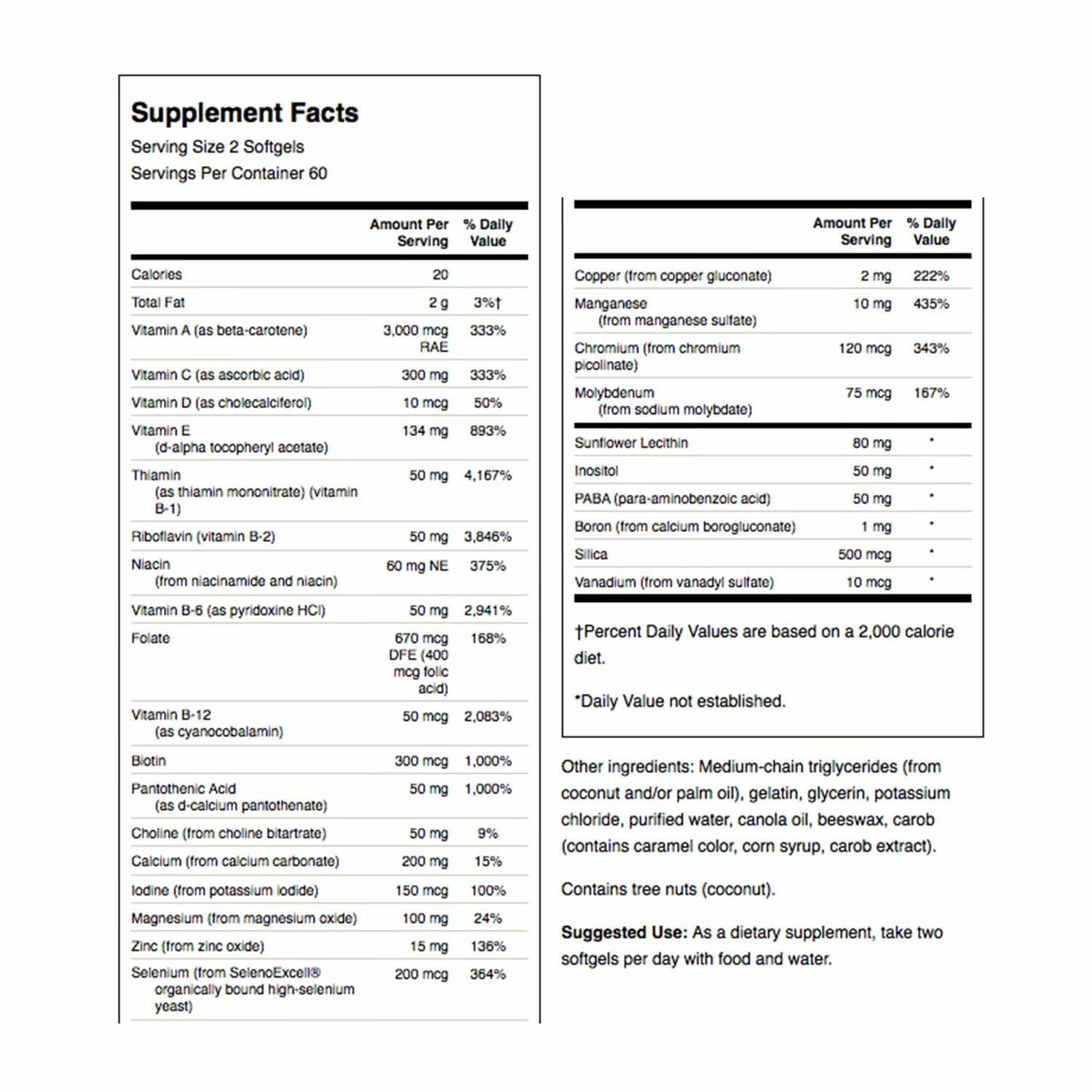 Swanson Multi Sans Fer : étiquette claire affichant minéraux et phytonutriments.