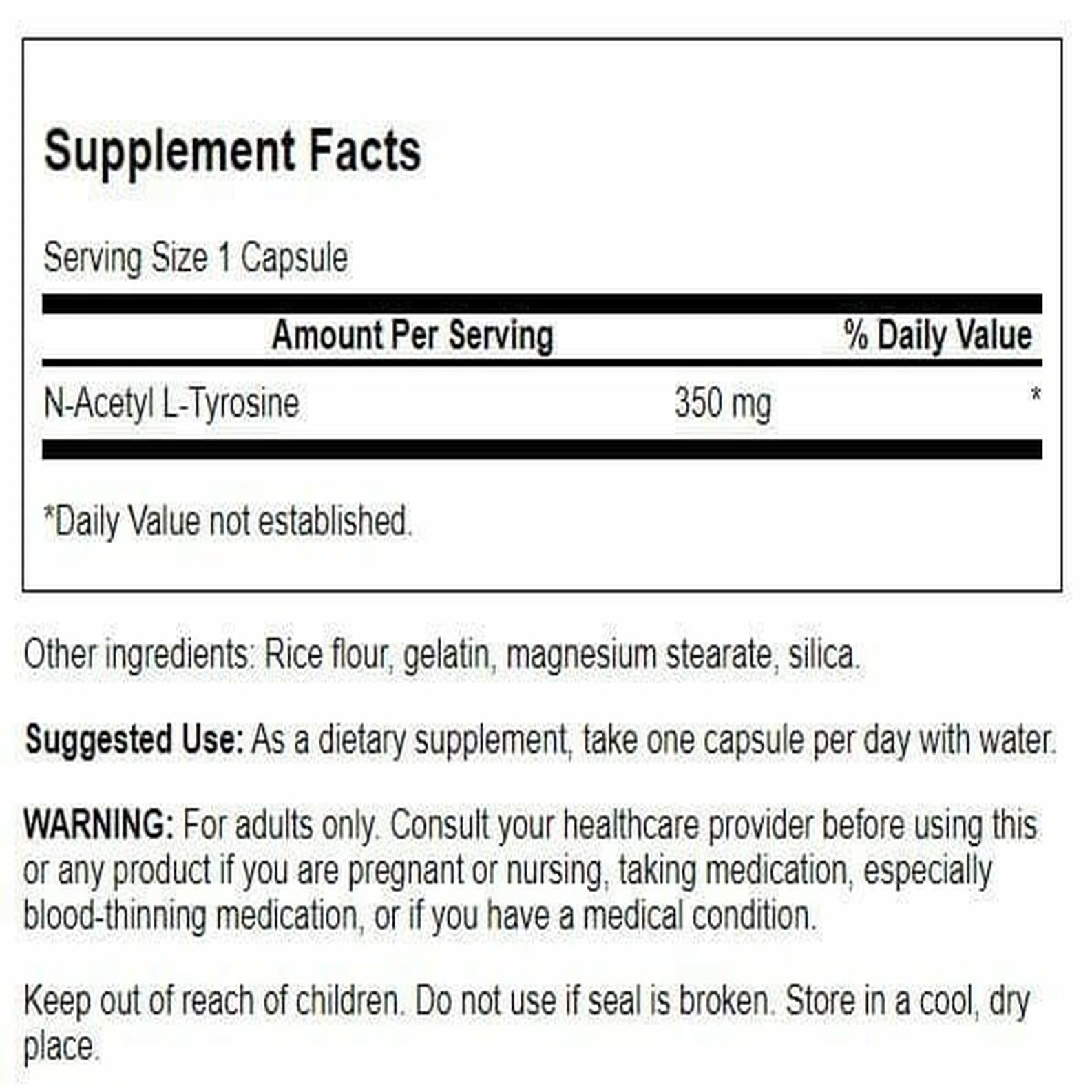 Swanson N-Acetyl L-Tyrosine, capsules: dosage quotidien pratique pour la routine mentale.
