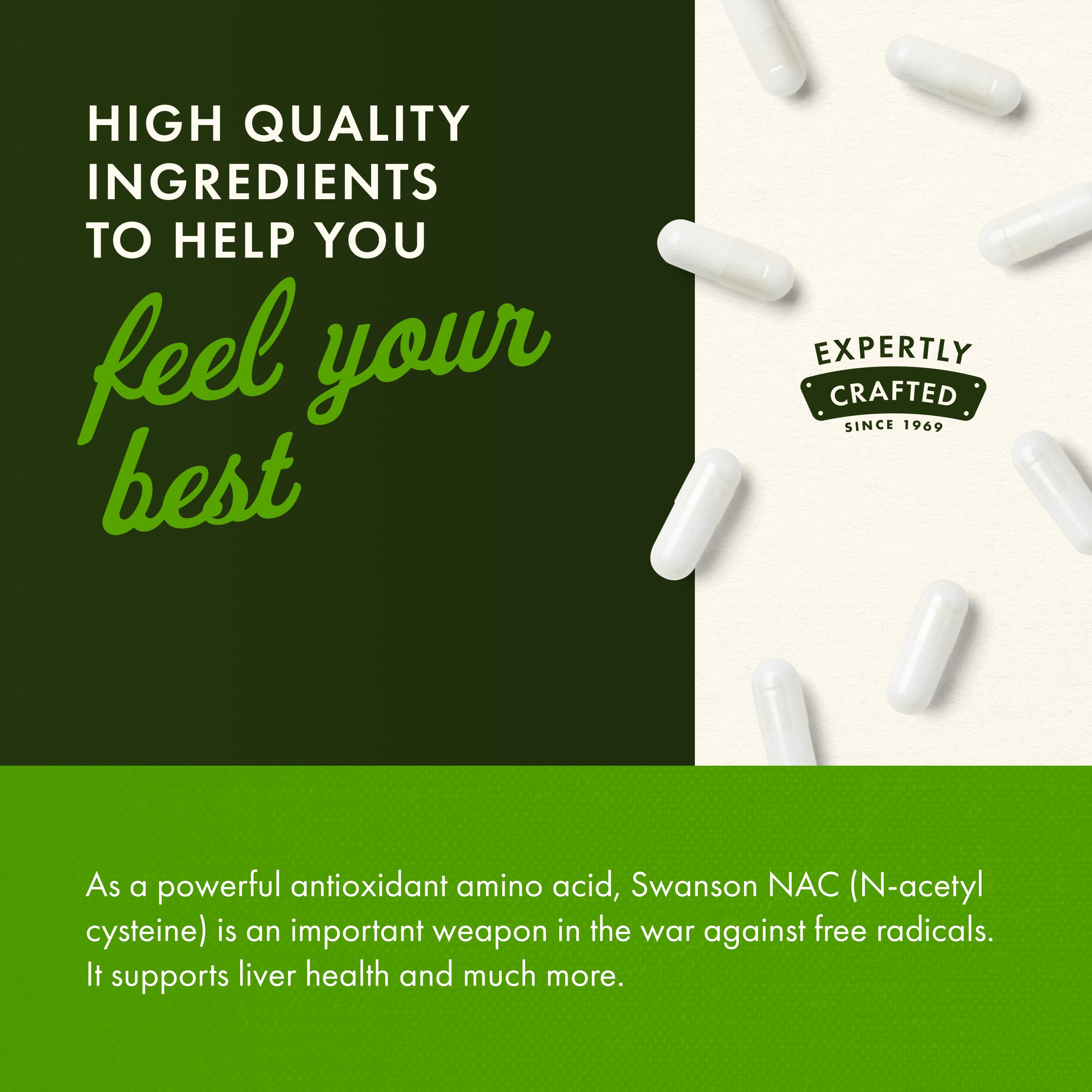 Fiche nutritionnelle Swanson NAC 600 mg affichée.