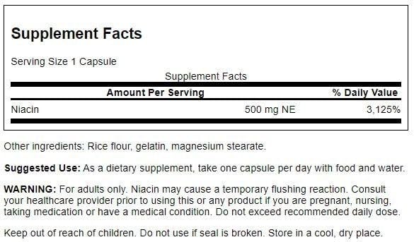 Capsules Swanson Niacine B3, aperçu du dosage quotidien et énergie potentielle.