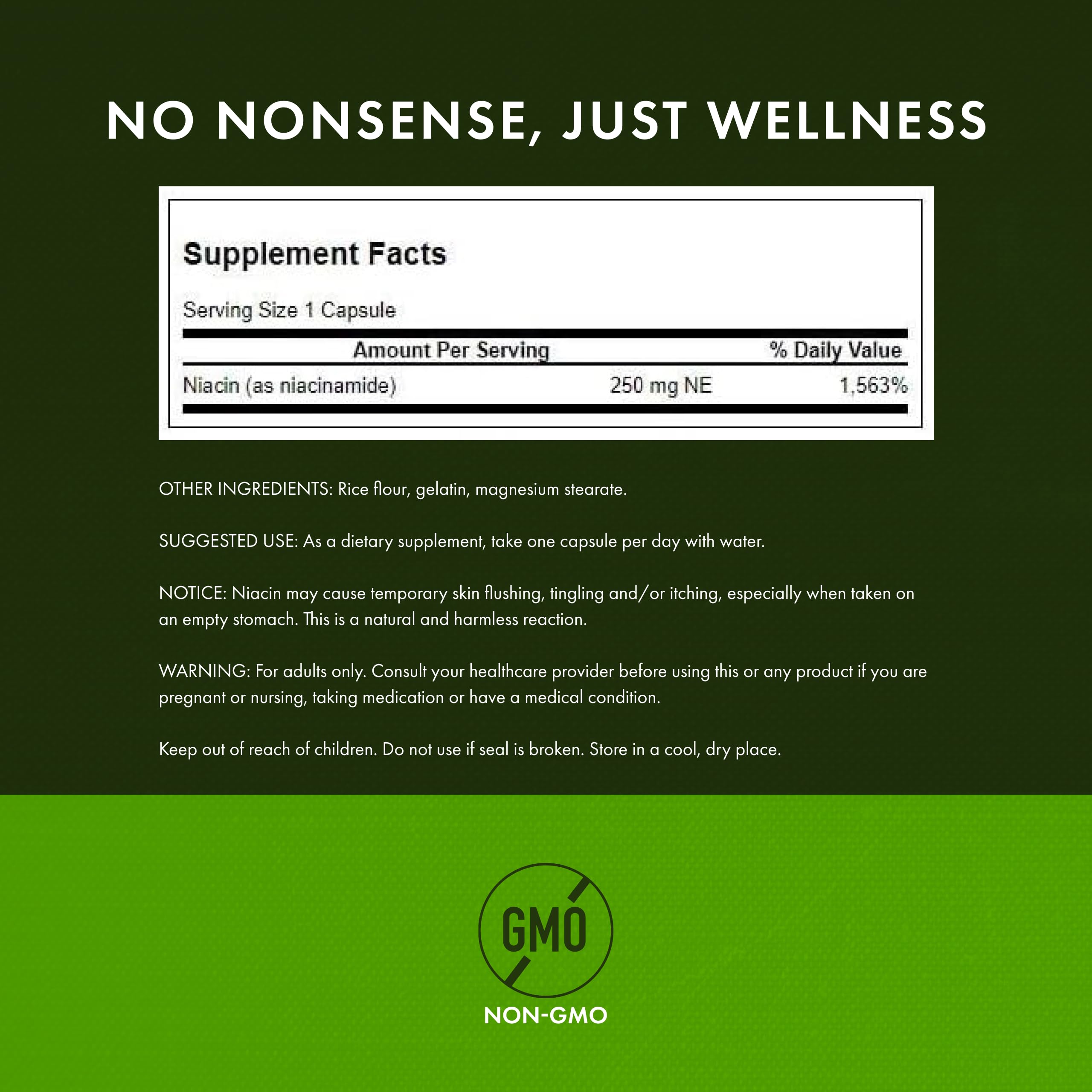 Etiquette Swanson Niacinamide montrant ingrédients végétaux et formule complète.