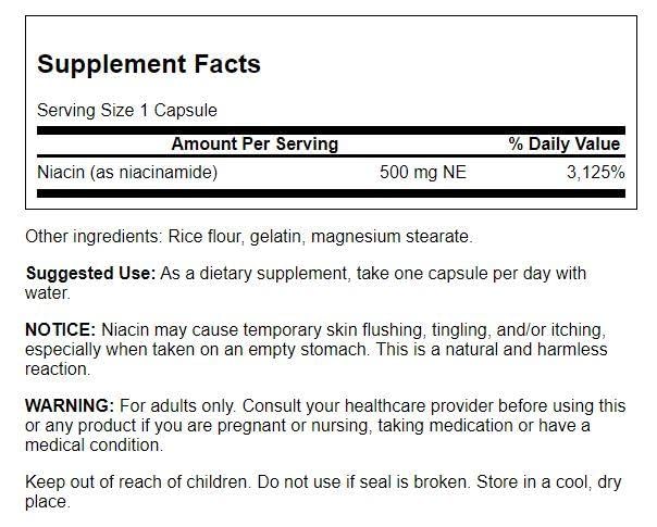 Étiquette-produit Swanson Niacinamide reflétant traçabilité et qualité.