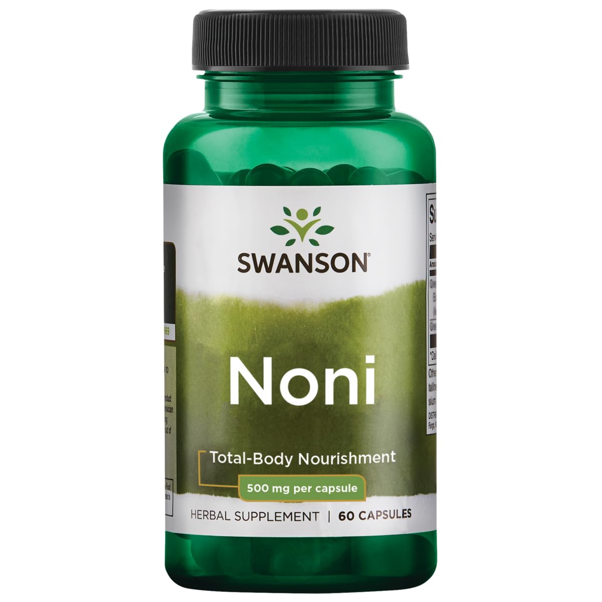 Capsules Swanson Noni 500 mg dans une bouteille, soutien potentiel au bien-être.