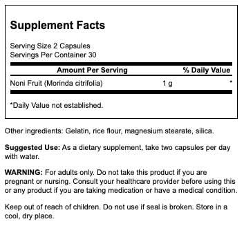 Étiquette Swanson Noni 500 mg, présentation pratique pour votre routine quotidienne.