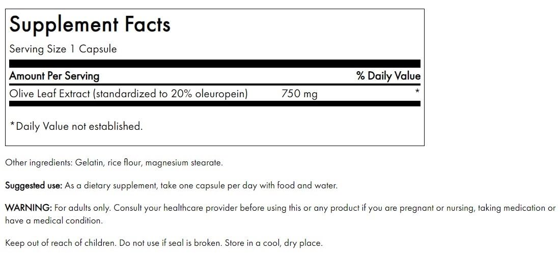 Swanson Oleuropeine 20 Pourcent Capsules Etiquette: concentration stable pour le bien-être