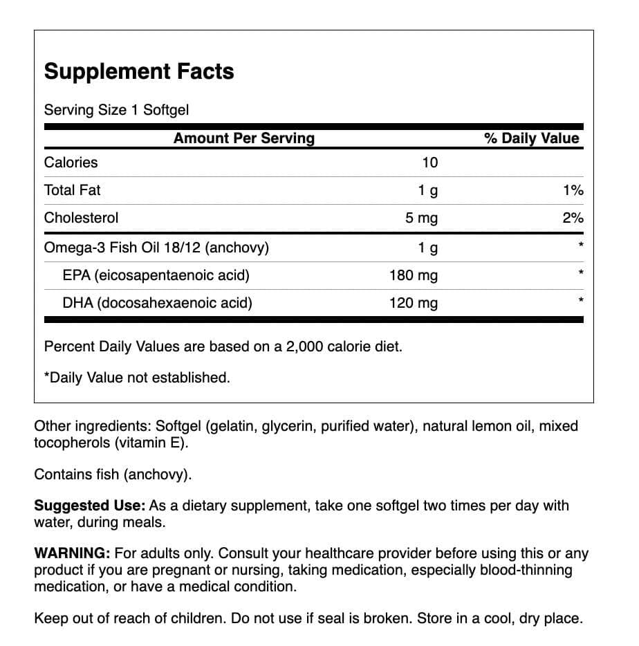 Swanson Omega 3, étiquette sans OGM et contrôle qualité élevé.