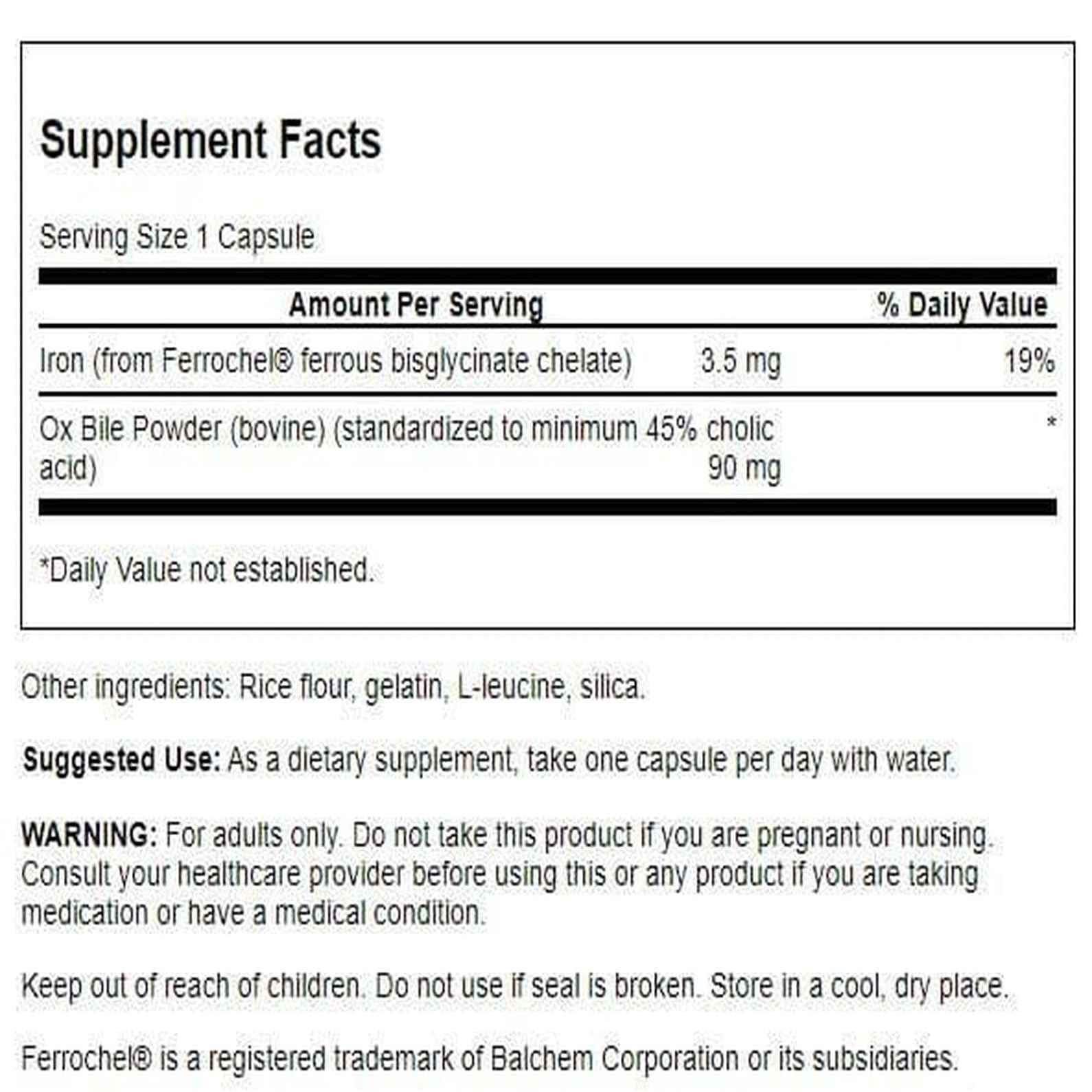 Swanson Ox Bile, etiquette du produit démontrant l’emballage et la traçabilité.