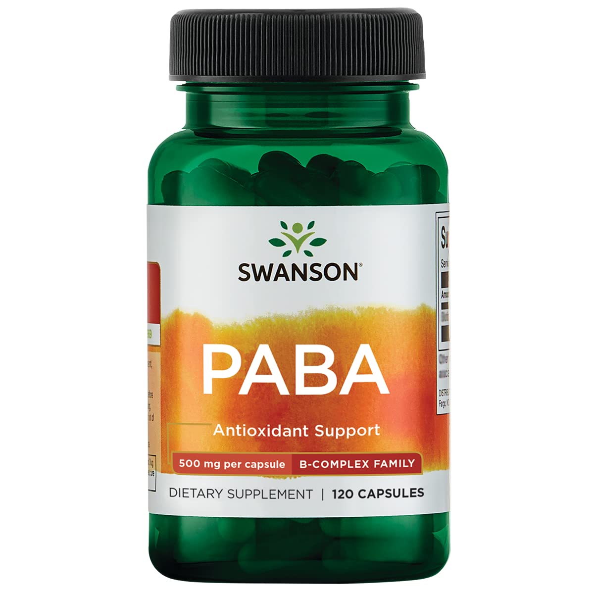 Swanson PABA: capsules 500 mg visibles, soutien possible des globules rouges et énergie