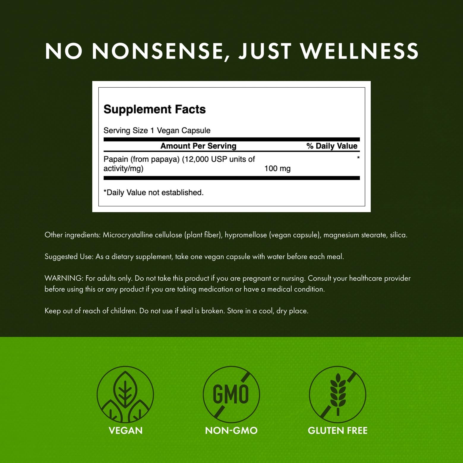 Flacon Swanson Papain Papaya Enzyme, présentation produit pour usage domestique.