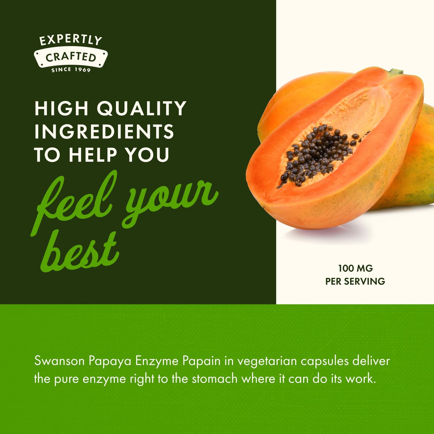 Ingrédients végétariens Swanson Papain Papaya Enzyme, formulation sans gélatine.