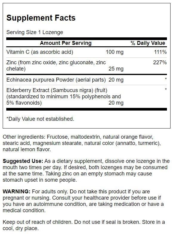 Swanson pastilles zinc et vitamine C, texture lisse, idéale pour usage quotidien lors des déplacements.