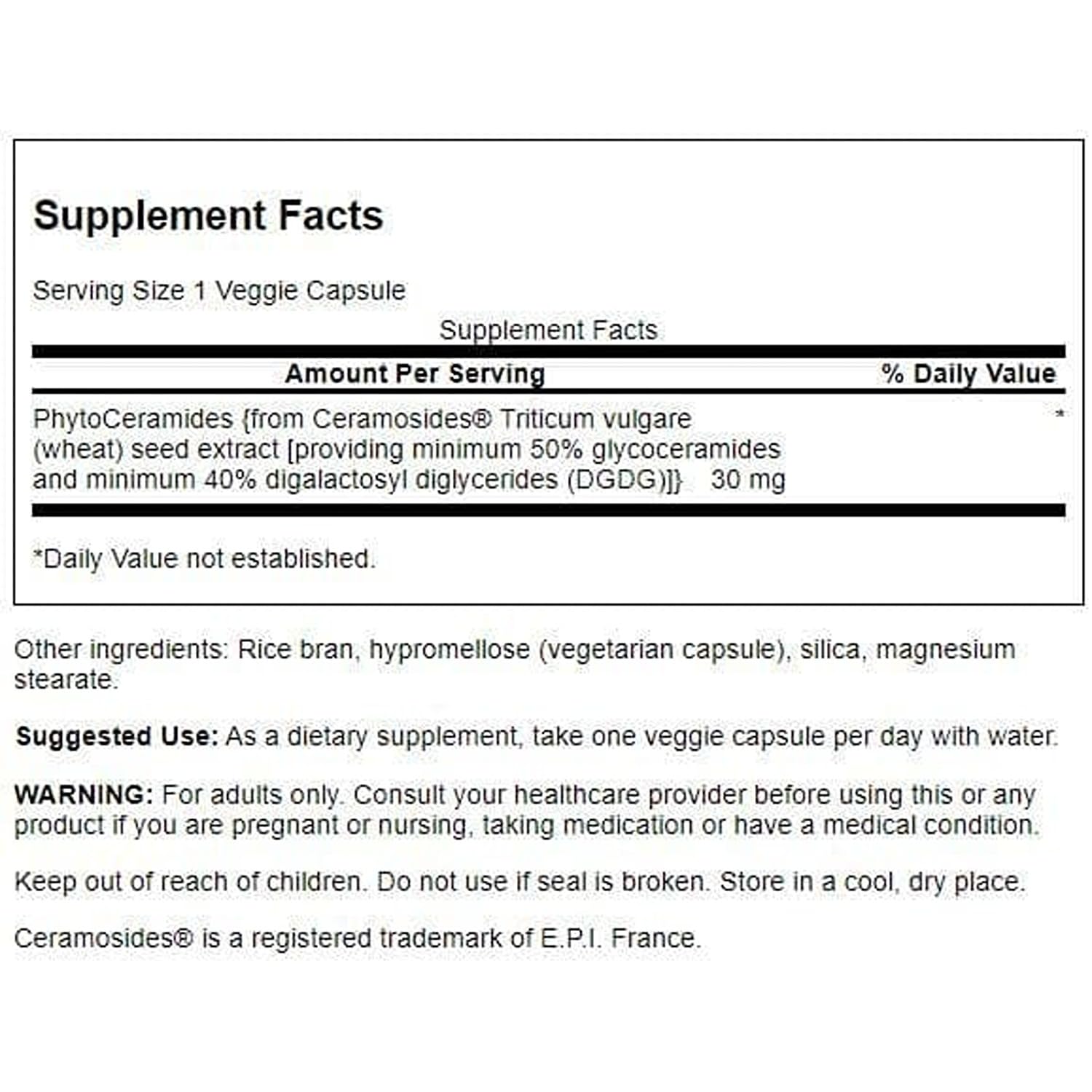 Swanson Phytoceramides dosage 30mg: dose élevée pour l'hydratation potentielle.